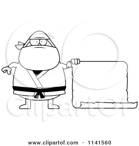 Cartoon Clipart Of A Black And White Chubby Ninja Man With A Sign 2 - Vector Outlined Coloring Page by Cory Thoman