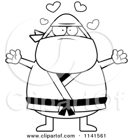 Cartoon Clipart Of A Black And White Chubby Ninja Man With Open Arms - Vector Outlined Coloring Page by Cory Thoman