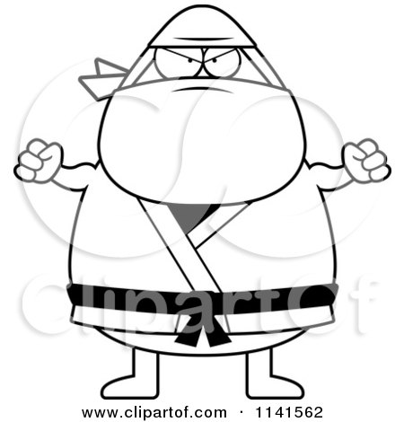 Cartoon Clipart Of A Black And White Mad Chubby Ninja Man - Vector Outlined Coloring Page by Cory Thoman