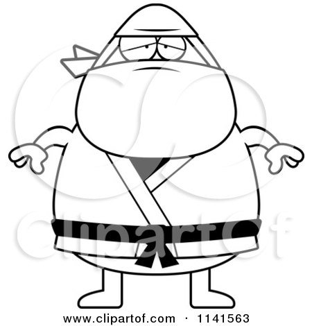 Cartoon Clipart Of A Black And White Depressed Chubby Ninja Man - Vector Outlined Coloring Page by Cory Thoman