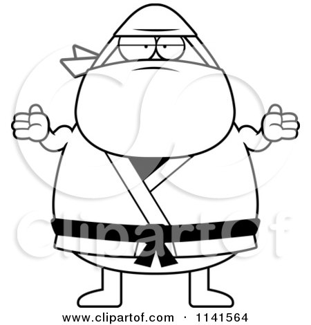Cartoon Clipart Of A Black And White Careless Shrugging Chubby Ninja Man - Vector Outlined Coloring Page by Cory Thoman