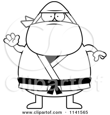Cartoon Clipart Of A Black And White Waving Chubby Ninja Man - Vector Outlined Coloring Page by Cory Thoman