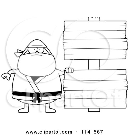 Cartoon Clipart Of A Black And White Chubby Ninja Man With A Sign 3 - Vector Outlined Coloring Page by Cory Thoman