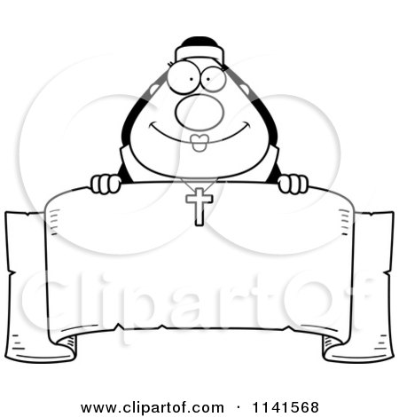 Cartoon Clipart Of A Black And White Happy Nun Over A Banner - Vector Outlined Coloring Page by Cory Thoman