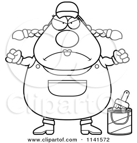 Cartoon Clipart Of A Black And White Angry Female House Painter Worker - Vector Outlined Coloring Page by Cory Thoman