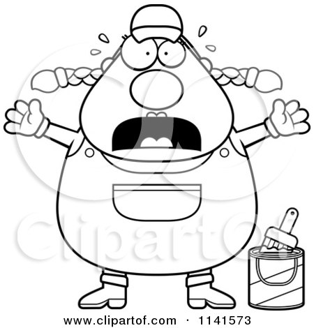 Cartoon Clipart Of A Black And White Frightened Female House Painter Worker - Vector Outlined Coloring Page by Cory Thoman