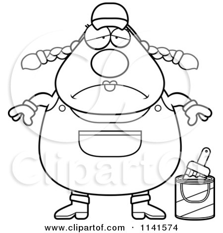 Cartoon Clipart Of A Black And White Depressed Female House Painter Worker - Vector Outlined Coloring Page by Cory Thoman