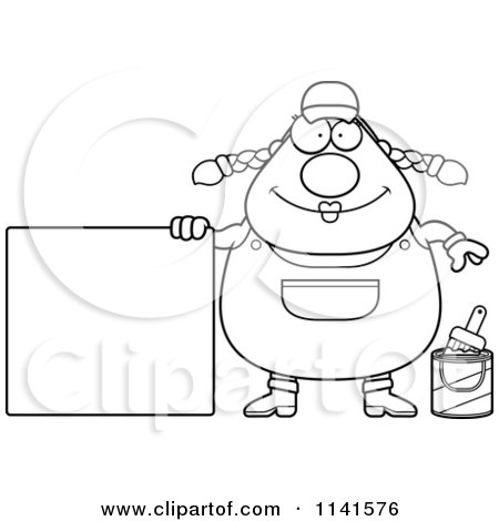 Cartoon Clipart Of A Black And White Female House Painter Worker With A Sign - Vector Outlined Coloring Page by Cory Thoman