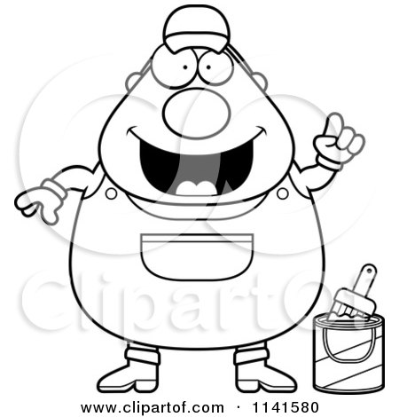 Cartoon Clipart Of A Black And White Frightened Male House Painter Worker With An Idea - Vector Outlined Coloring Page by Cory Thoman
