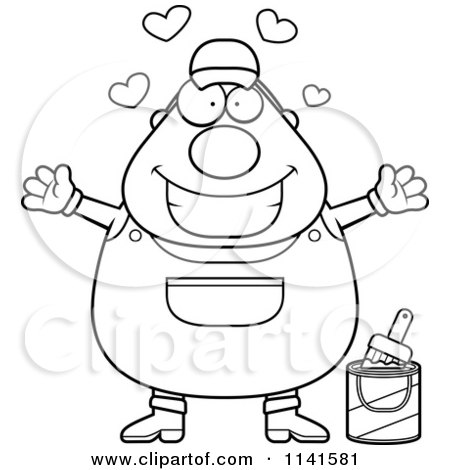 Cartoon Clipart Of A Black And White Loving Male House Painter Worker - Vector Outlined Coloring Page by Cory Thoman