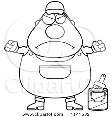 Cartoon Clipart Of A Black And White Angry Male House Painter Worker - Vector Outlined Coloring Page by Cory Thoman