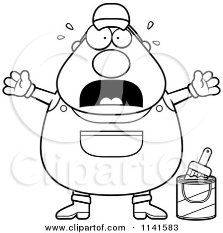 Cartoon Clipart Of A Black And White Frightened Male House Painter Worker - Vector Outlined Coloring Page by Cory Thoman