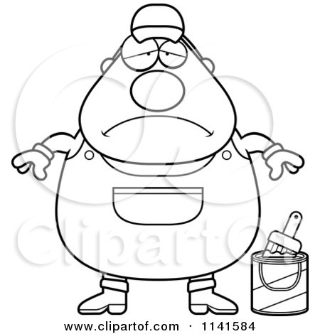 Cartoon Clipart Of A Black And White Depressed Male House Painter Worker - Vector Outlined Coloring Page by Cory Thoman