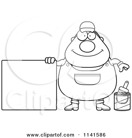 Cartoon Clipart Of A Black And White Male House Painter Worker With A Sign - Vector Outlined Coloring Page by Cory Thoman