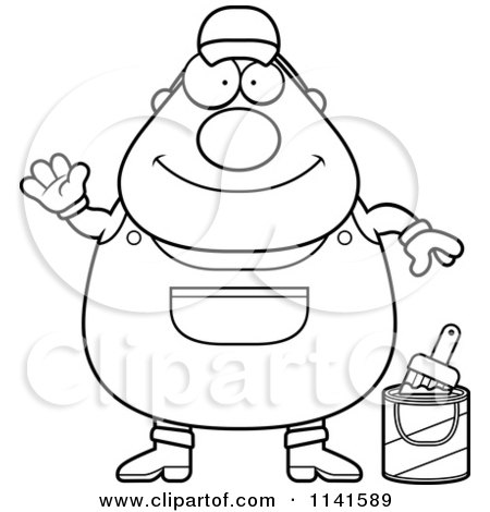 Cartoon Clipart Of A Black And White Waving Male House Painter Worker - Vector Outlined Coloring Page by Cory Thoman