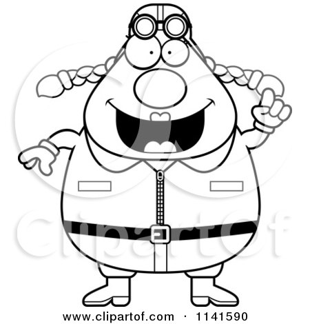 Cartoon Clipart Of A Black And White Smart Female Aviator Pilot With An Idea - Vector Outlined Coloring Page by Cory Thoman