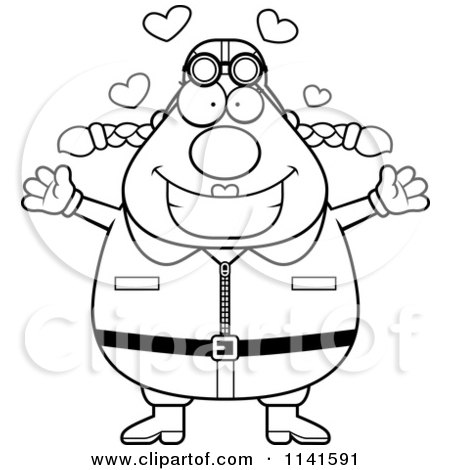 Cartoon Clipart Of A Black And White Amorous Female Aviator Pilot - Vector Outlined Coloring Page by Cory Thoman