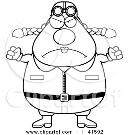Cartoon Clipart Of A Black And White Angry Female Aviator Pilot - Vector Outlined Coloring Page by Cory Thoman