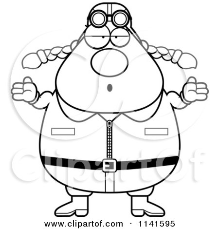 Cartoon Clipart Of A Black And White Careless Shrugging Female Aviator Pilot - Vector Outlined Coloring Page by Cory Thoman
