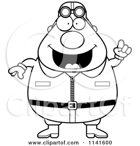 Cartoon Clipart Of A Black And White Smart Male Aviator Pilot With An Idea - Vector Outlined Coloring Page by Cory Thoman