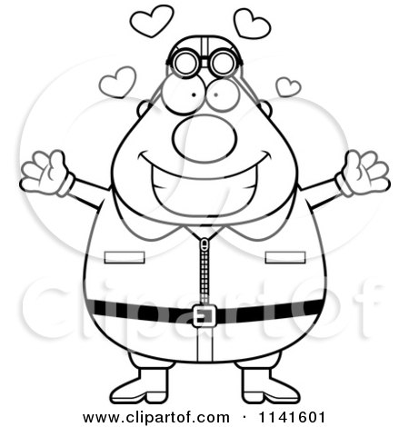 Cartoon Clipart Of A Black And White Amorous Male Aviator Pilot - Vector Outlined Coloring Page by Cory Thoman