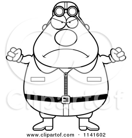 Cartoon Clipart Of A Black And White Angry Male Aviator Pilot - Vector Outlined Coloring Page by Cory Thoman
