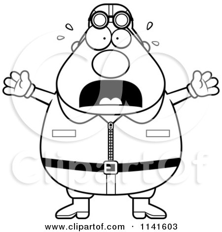 Cartoon Clipart Of A Black And White Frightened Male Aviator Pilot - Vector Outlined Coloring Page by Cory Thoman