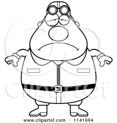 Cartoon Clipart Of A Black And White Depressed Male Aviator Pilot - Vector Outlined Coloring Page by Cory Thoman