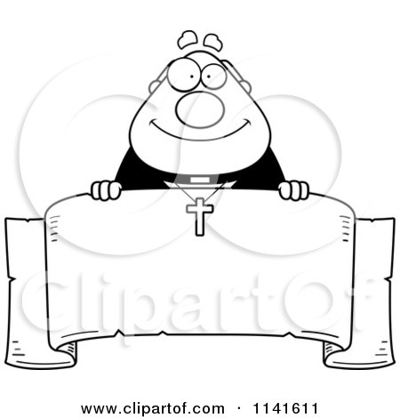 Cartoon Clipart Of A Black And White Happy Priest Over A Banner - Vector Outlined Coloring Page by Cory Thoman