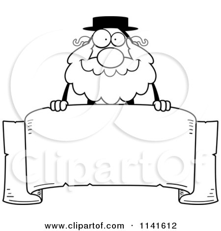 Cartoon Clipart Of A Black And White Rabbi Over A Banner - Vector Outlined Coloring Page by Cory Thoman