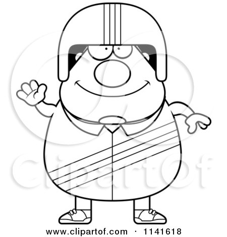 Cartoon Clipart Of A Black And White Waving Friendly Race Car Driver - Vector Outlined Coloring Page by Cory Thoman