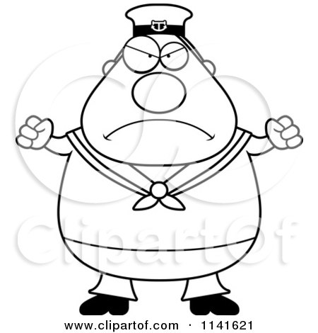 Cartoon Clipart Of A Black And White Angry Sailor - Vector Outlined Coloring Page by Cory Thoman