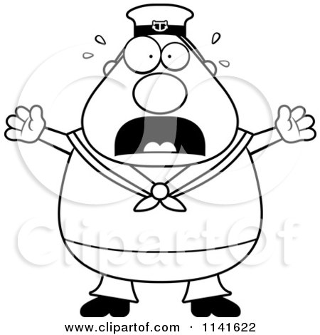 Cartoon Clipart Of A Black And White Frightened Sailor - Vector Outlined Coloring Page by Cory Thoman