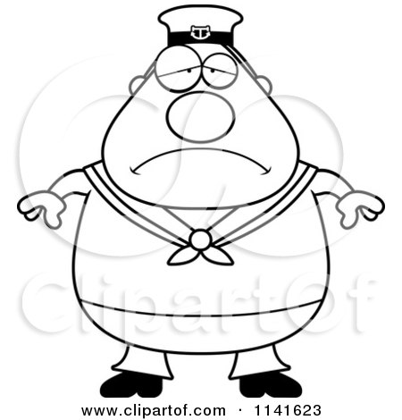 Cartoon Clipart Of A Black And White Depressed Sailor - Vector Outlined Coloring Page by Cory Thoman