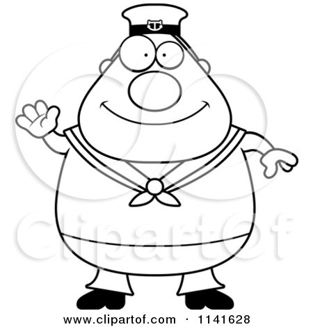 Cartoon Clipart Of A Black And White Friendly Waving Sailor - Vector Outlined Coloring Page by Cory Thoman