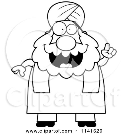 Cartoon Clipart Of A Black And White Chubby Muslim Sikh Man With An Idea - Vector Outlined Coloring Page by Cory Thoman