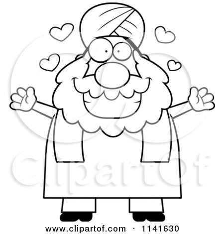 Cartoon Clipart Of A Black And White Chubby Muslim Sikh Man With Open Arms - Vector Outlined Coloring Page by Cory Thoman