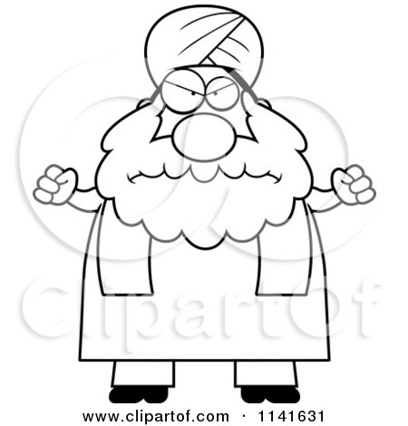 Cartoon Clipart Of A Black And White Mad Chubby Muslim Sikh Man - Vector Outlined Coloring Page by Cory Thoman