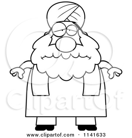 Cartoon Clipart Of A Black And White Depressed Chubby Muslim Sikh Man - Vector Outlined Coloring Page by Cory Thoman