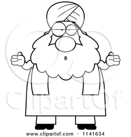 Cartoon Clipart Of A Black And White Clueless Or Careless Shrugging Chubby Muslim Sikh Man - Vector Outlined Coloring Page by Cory Thoman