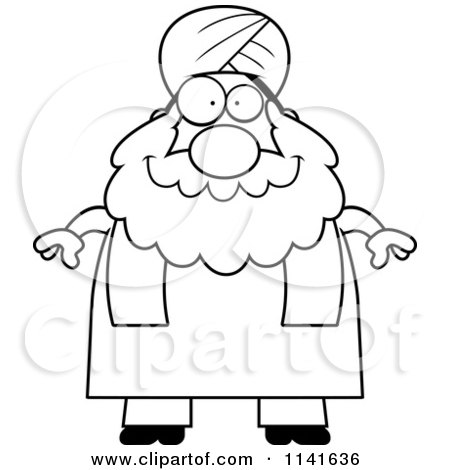 Cartoon Clipart Of A Black And White Chubby Muslim Sikh Man - Vector Outlined Coloring Page by Cory Thoman