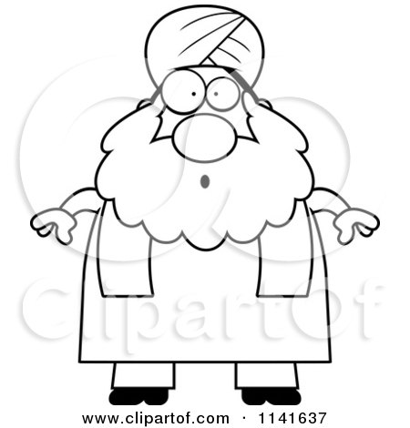 Cartoon Clipart Of A Black And White Surprised Chubby Muslim Sikh Man - Vector Outlined Coloring Page by Cory Thoman