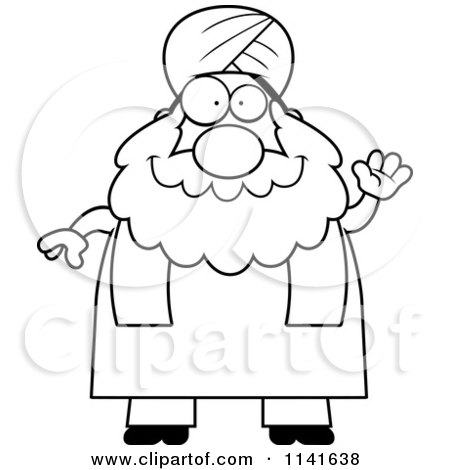 Cartoon Clipart Of A Black And White Chubby Muslim Sikh Man Waving - Vector Outlined Coloring Page by Cory Thoman