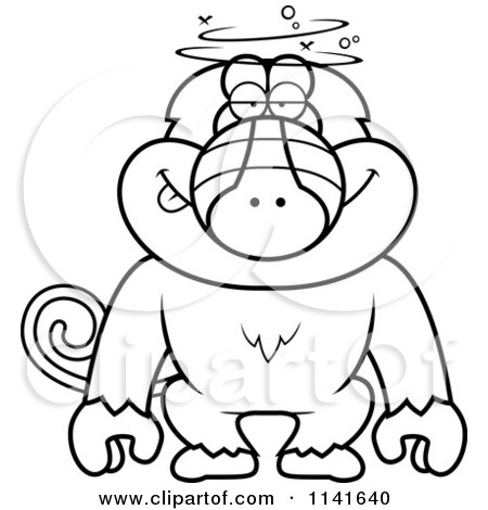 Cartoon Clipart Of A Black And White Dumb Or Drunk Baboon Monkey - Vector Outlined Coloring Page by Cory Thoman