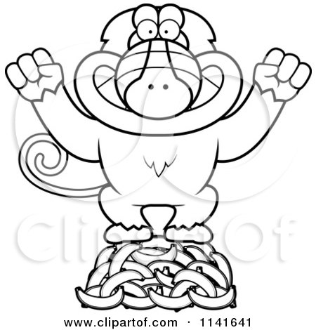 Cartoon Clipart Of A Black And White Baboon Monkey Standing On A Hoard Of Bananas - Vector Outlined Coloring Page by Cory Thoman