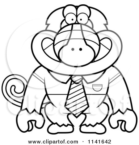 Cartoon Clipart Of A Black And White Baboon Monkey In A Shirt And Tie - Vector Outlined Coloring Page by Cory Thoman