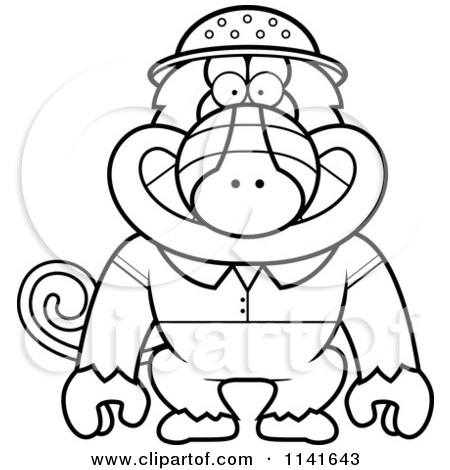 Cartoon Clipart Of A Black And White Baboon Monkey Explorer - Vector Outlined Coloring Page by Cory Thoman