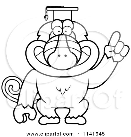 Cartoon Clipart Of A Black And White Baboon Monkey Wearing A Graduation Cap And Holding A Finger Up - Vector Outlined Coloring Page by Cory Thoman