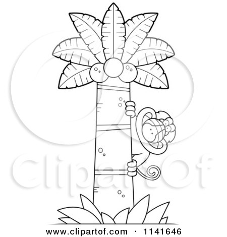 Cartoon Clipart Of A Black And White Baboon Monkey Looking Around A Coconut Palm Tree - Vector Outlined Coloring Page by Cory Thoman