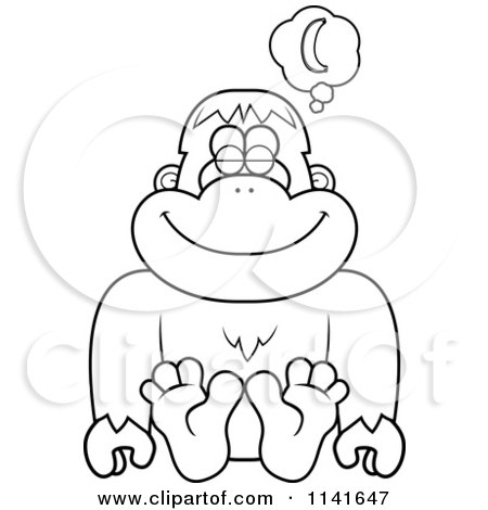 Cartoon Clipart Of A Black And White Bigfoot Sasquatch Daydreaming Of Bananas - Vector Outlined Coloring Page by Cory Thoman
